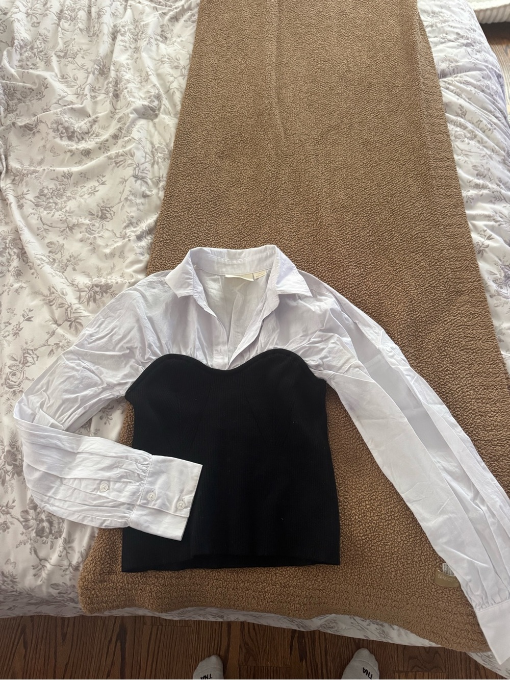 Anthropologie Black Strapless Knit Bustier with White Button-Down Shirt Layer